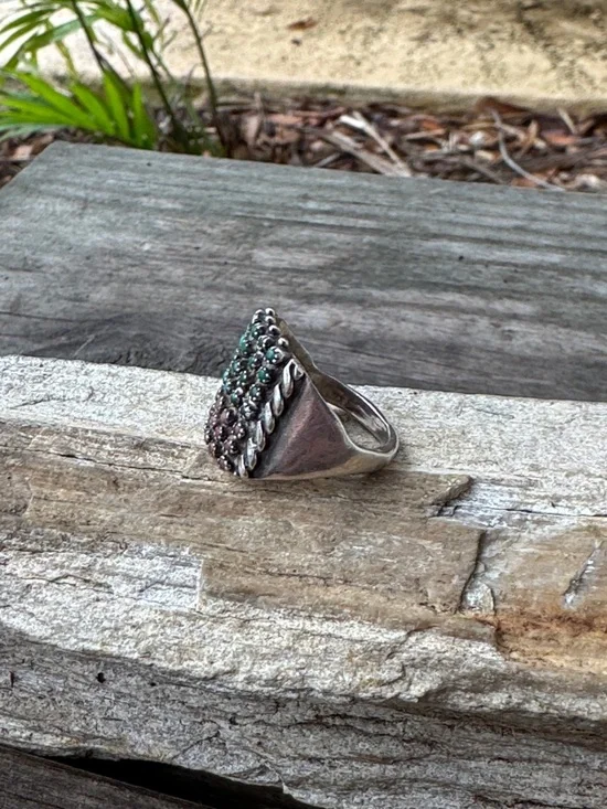 Vintage Zuni Sterling Silver Snake Eye Ring with Turquoise and Coral - Picture 2 of 4